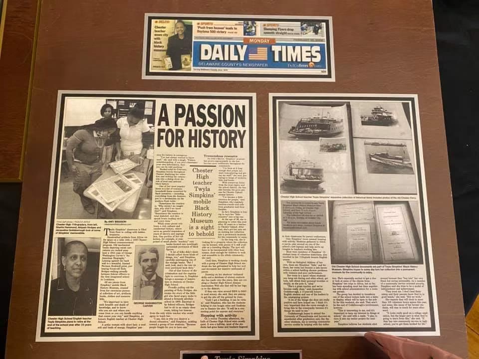 Newspaper display about Twyla Simpkins and Chester history
